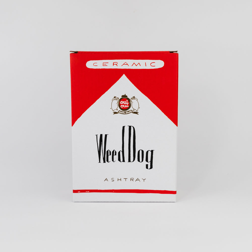 Ceramic ashtray with 'Weed Dog' branding on a white background