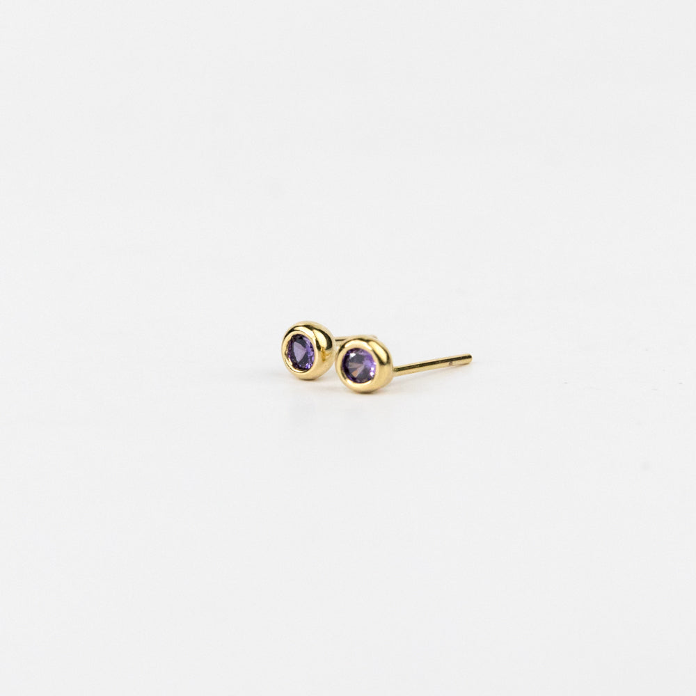 Gold earrings with purple gemstones on a white background