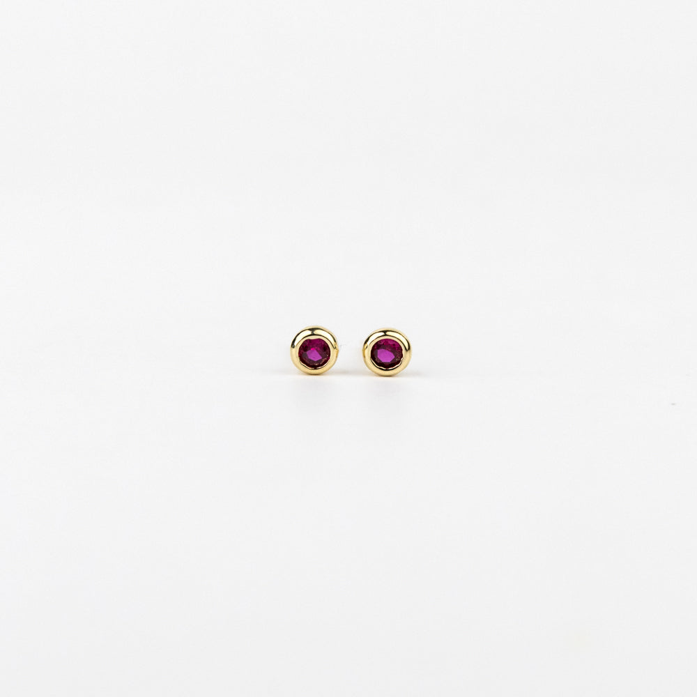 Gold earrings with red gemstones on a white background