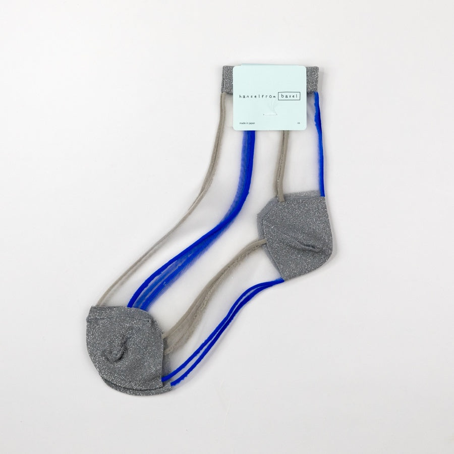 Pair of gray ankle socks with blue accents on a white background