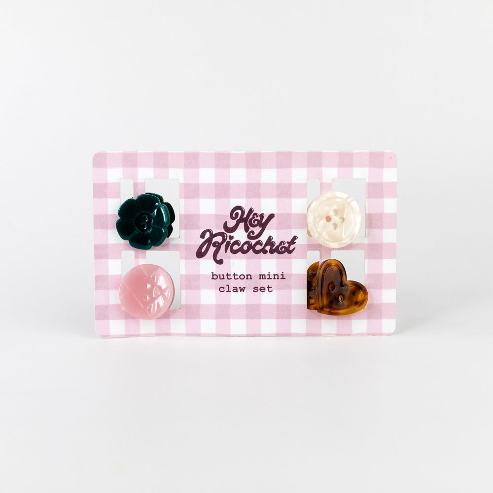 Set of button mini claw pins on a pink gingham card with 'Hey Ricochet' branding.