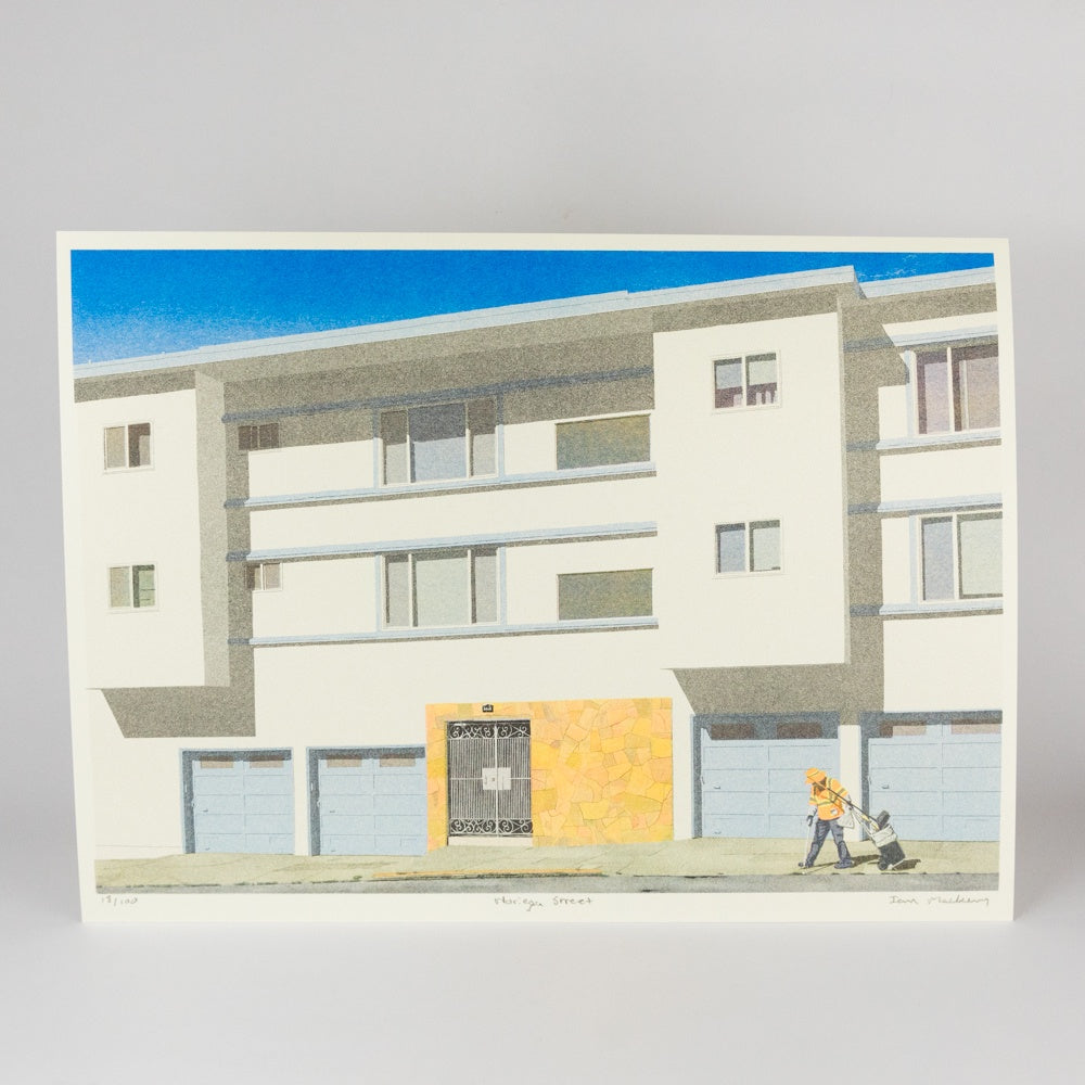 Illustration of a modern building with a person walking by on a gray background