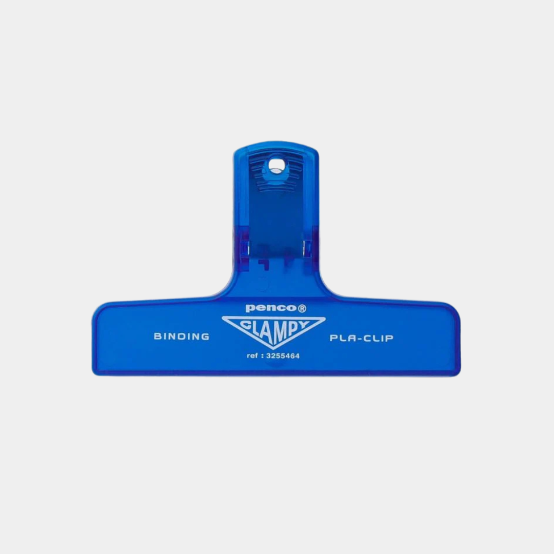 Blue binding clip with Penco branding on a light gray background