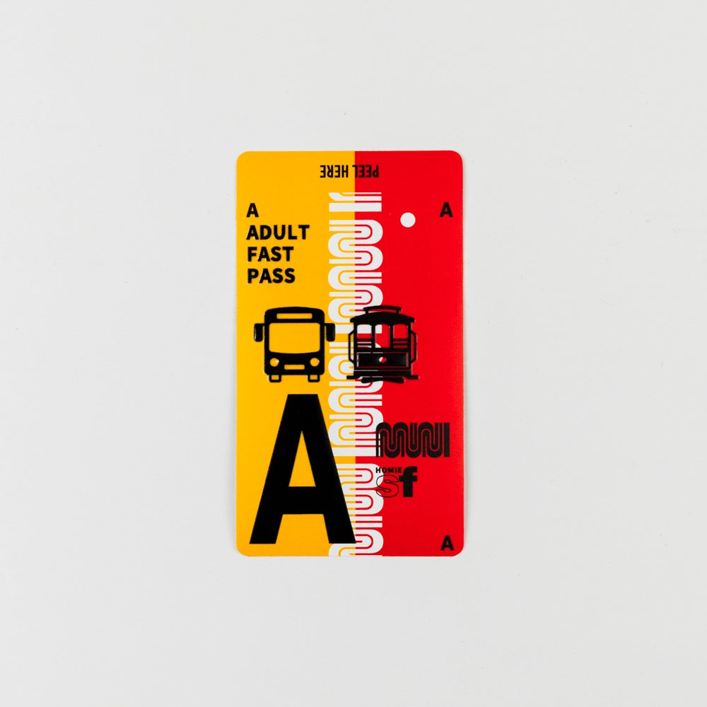 Colorful card with text 'A Adult Fast Pass' and graphics of a bus and tram on a gray background