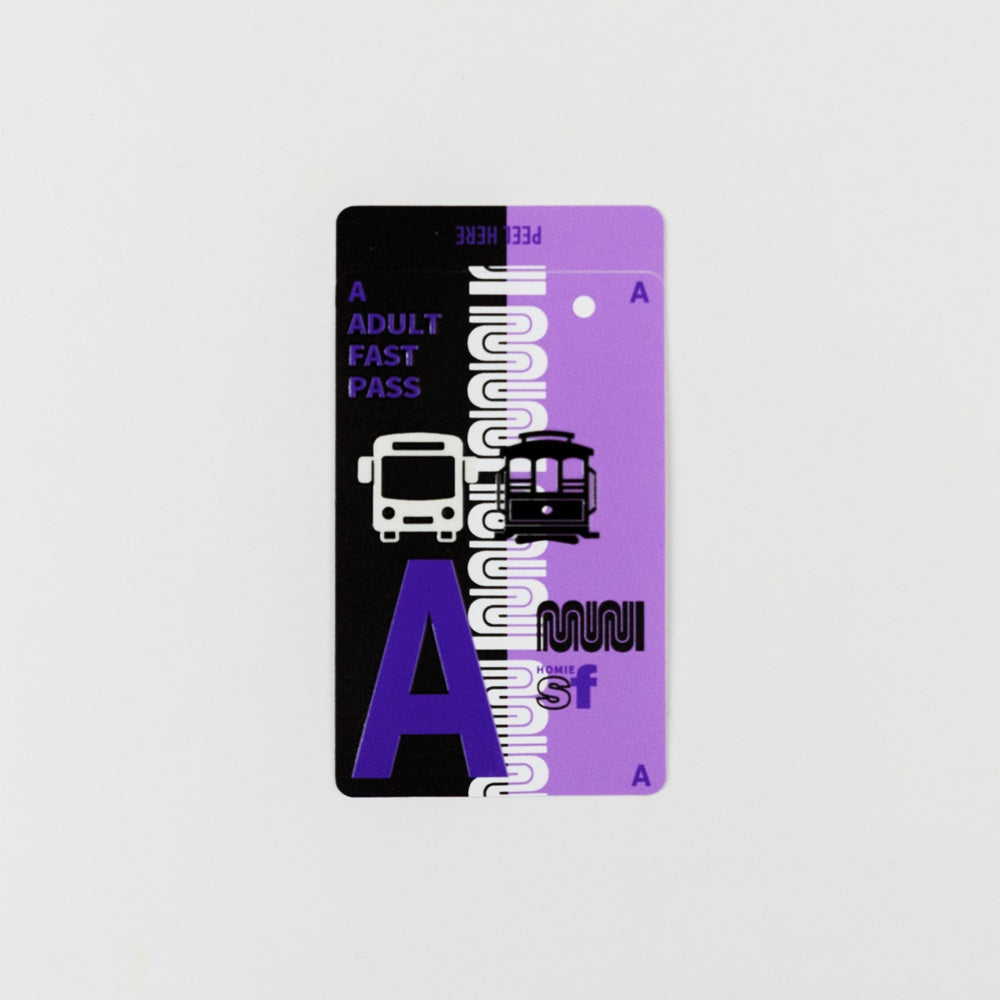 Purple and black transportation pass with text and icons on a light gray background