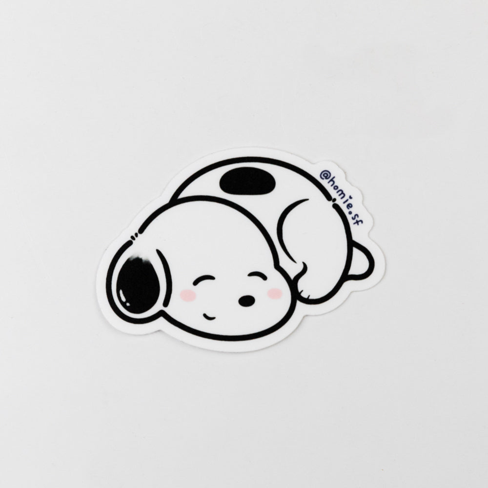 Cartoon sleeping snoopy puppy on a light gray background