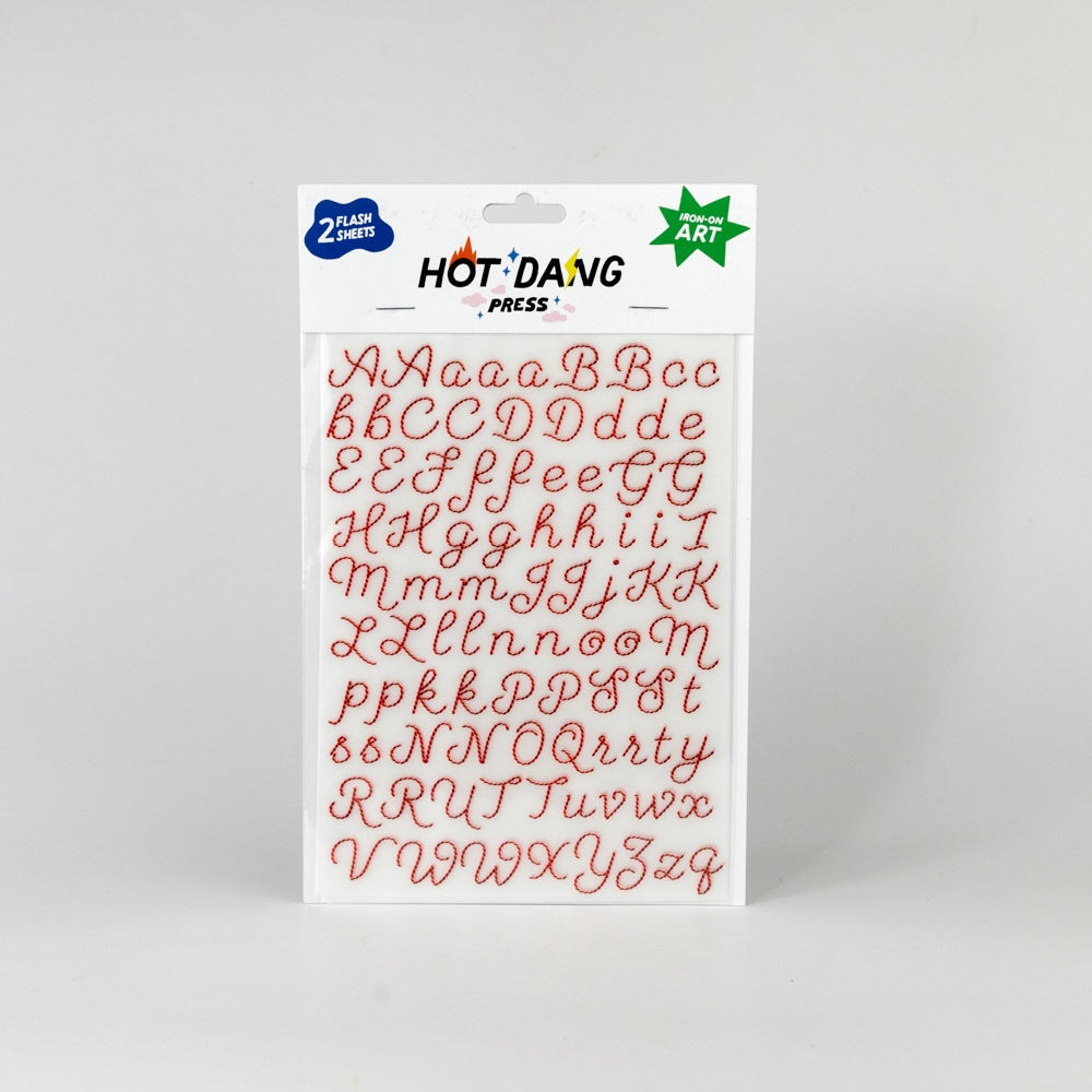 Pack of red letter stickers with 'Hot Dang Press' branding on a white background