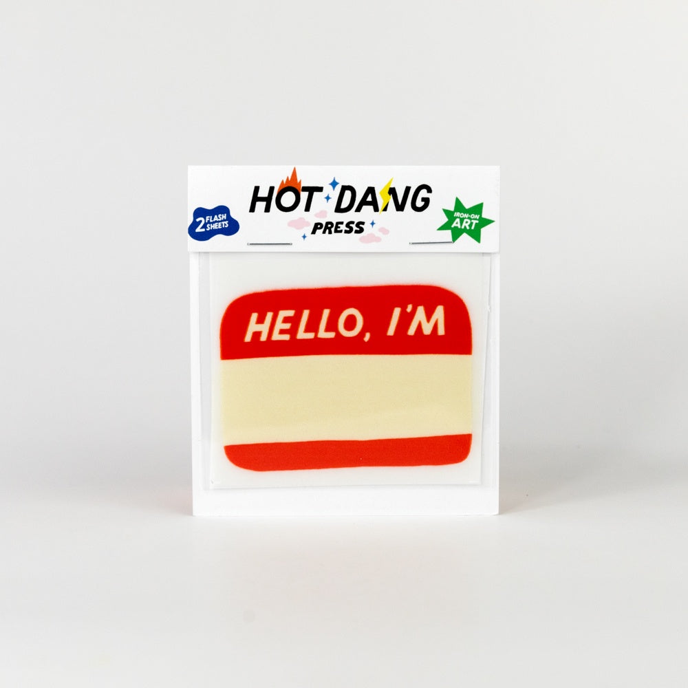 Iron on name tag with 'Hello, I'm' text on a white background
