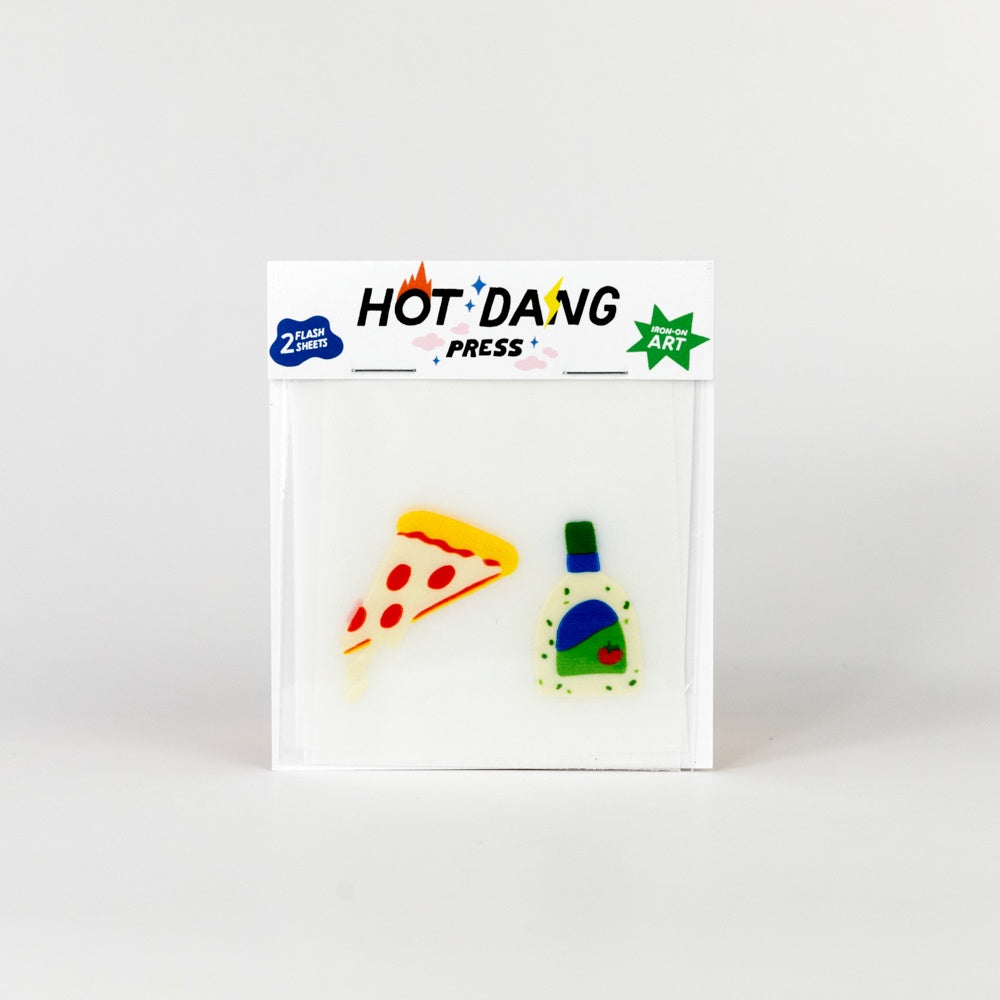 Packaged product with pizza and bottle design on a white background