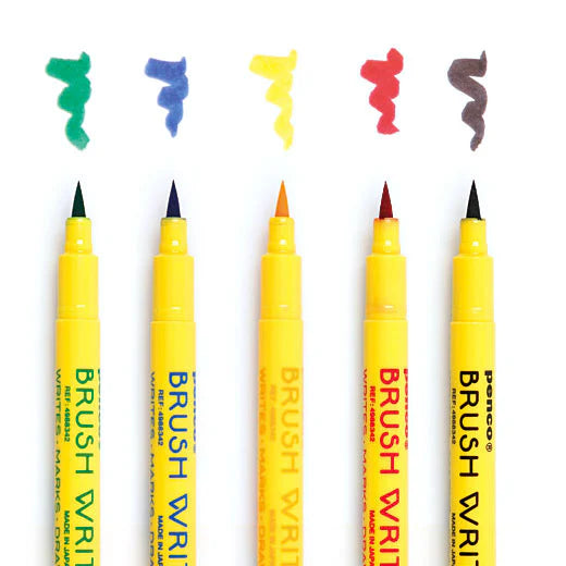 Five yellow markers with brush tips and colorful strokes on a white background
