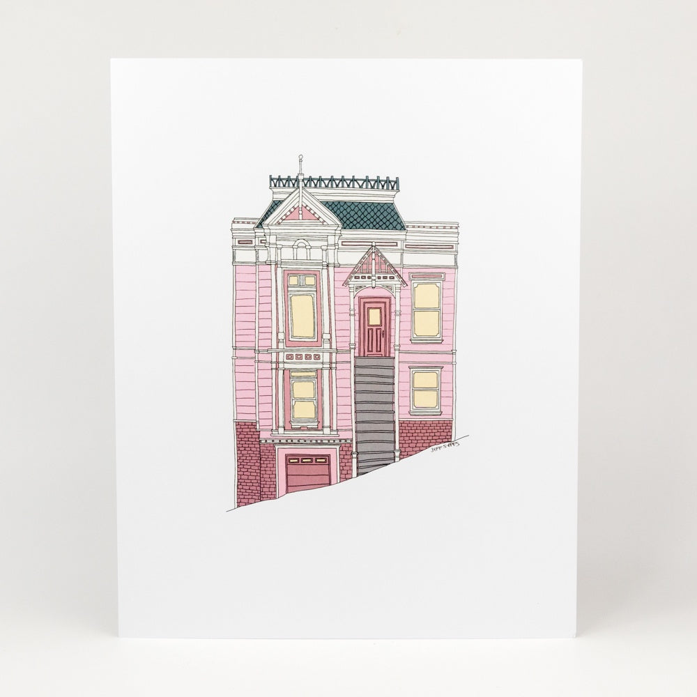 Illustration of a pink house with a gray roof on a white background