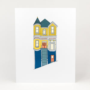 Illustration of a colorful house with blue steps on a white background
