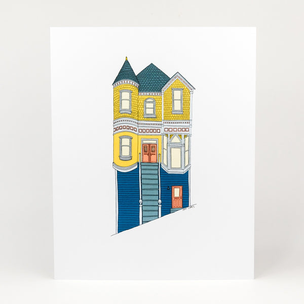 Illustration of a colorful house with blue steps on a white background