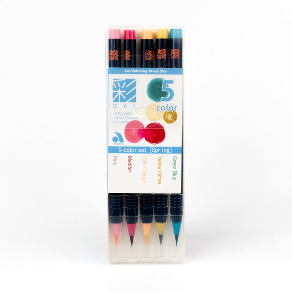 Set of five colorful markers in packaging on a white background
