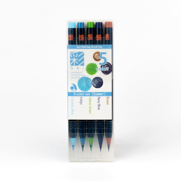 Set of five coloring brush pens in a clear packaging on a white background