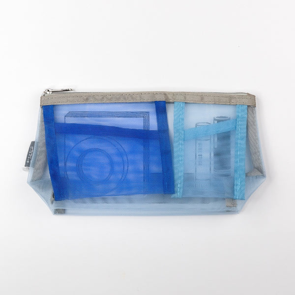 Transparent blue pouch with a gray zipper on a white background
