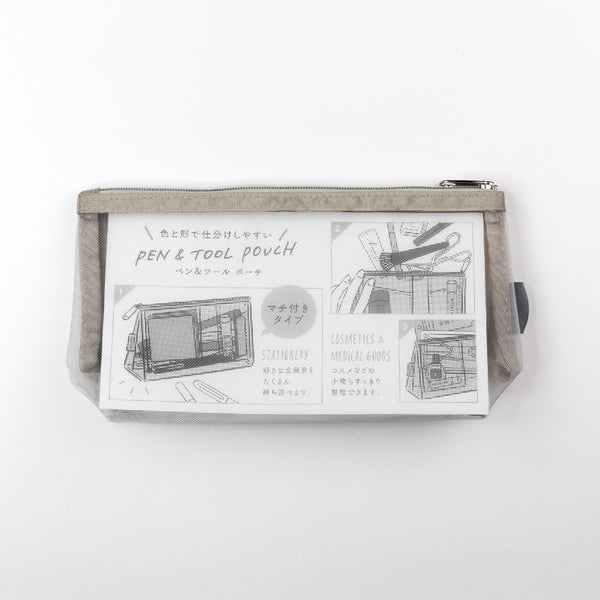 Pencil case with illustrations and text on a white background