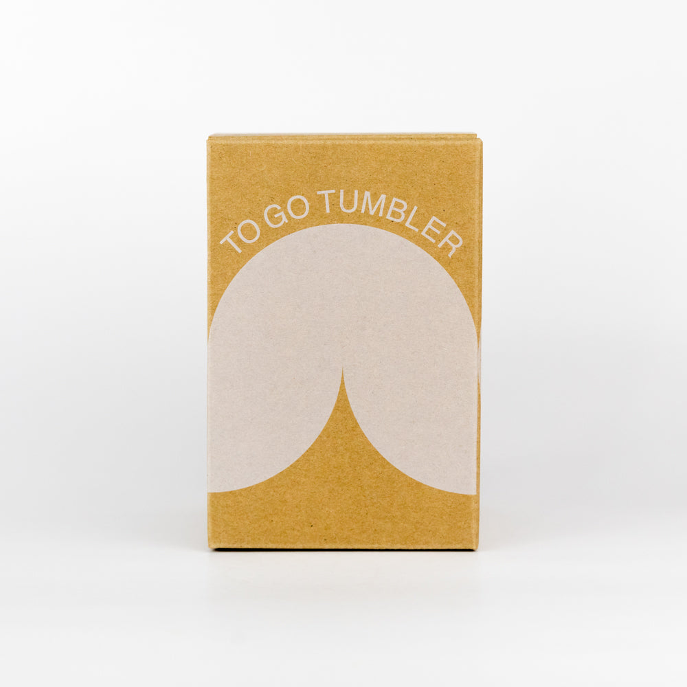 Yellow box with a white graphic and 'To Go Tumbler' text on a white background