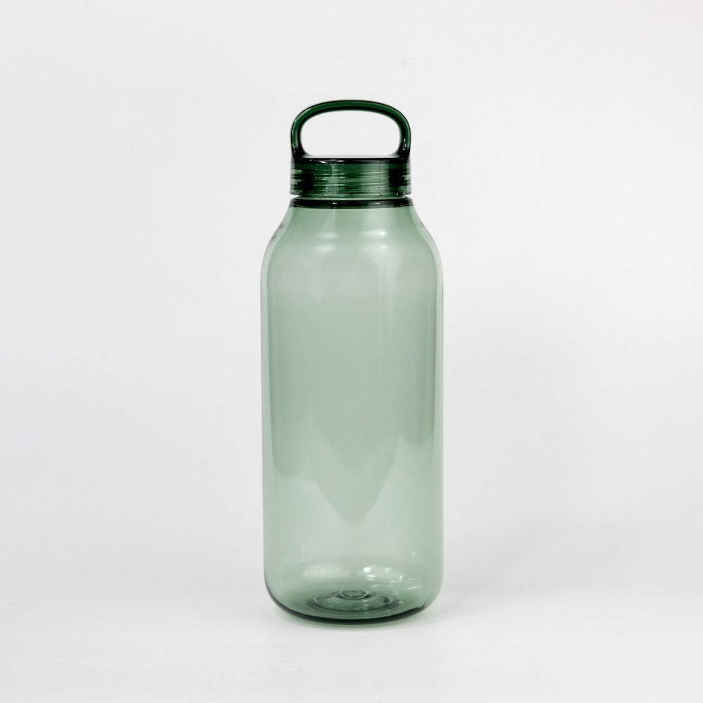 Green water bottle with lid on a white background