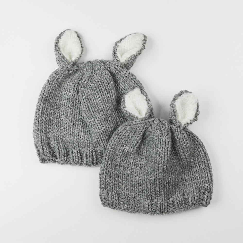 Hand Knit Bunny Hat - Gray/White