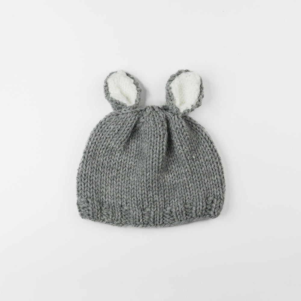 Hand Knit Bunny Hat - Gray/White