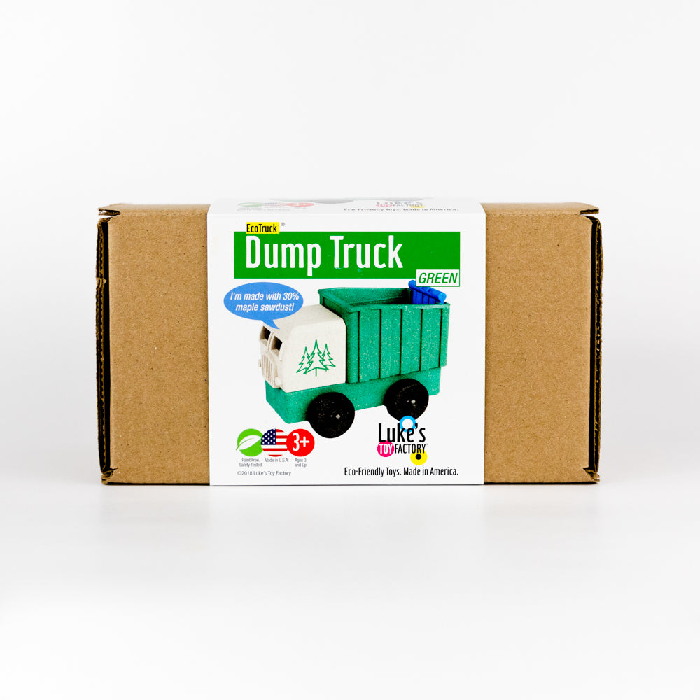 Toy truck with green body and beige front on a white background