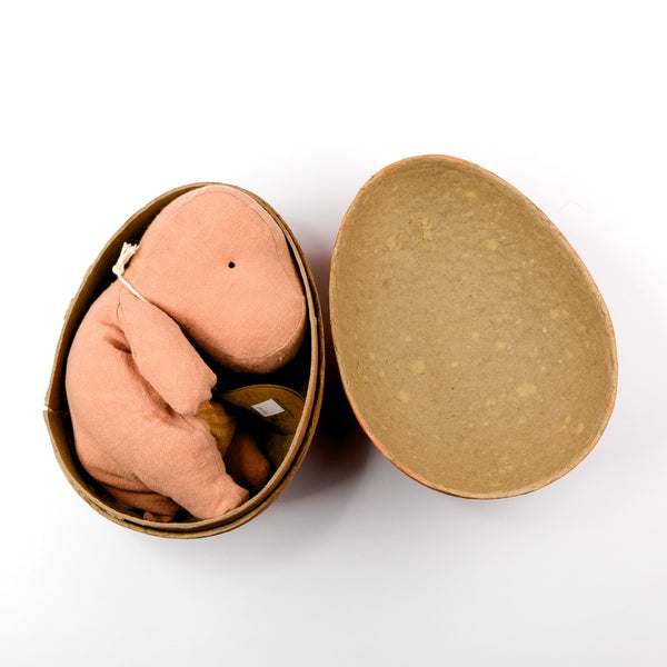 Pink plush dino toy inside an open brown cardboard "egg" on a white background
