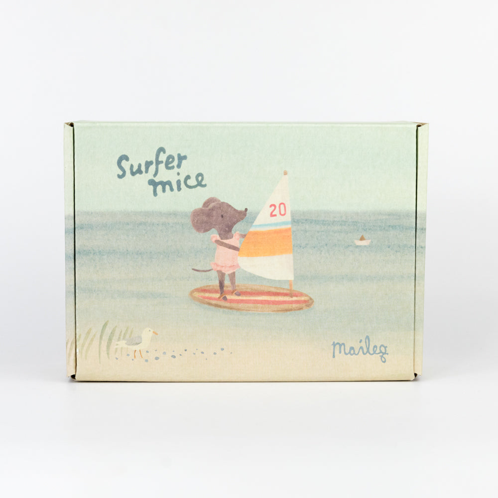 Box with a design of a mouse on a surfboard and text 'Surfer mice' on a beach background.