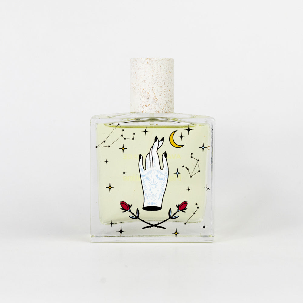 Decorative bottle with a hand and star design on a white background