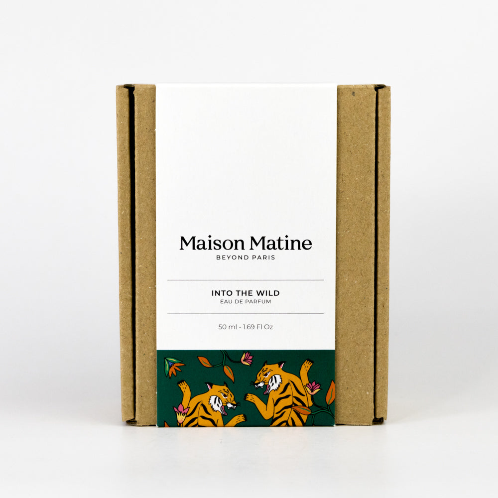 Maison Matine perfume packaging with tiger illustrations on a white background