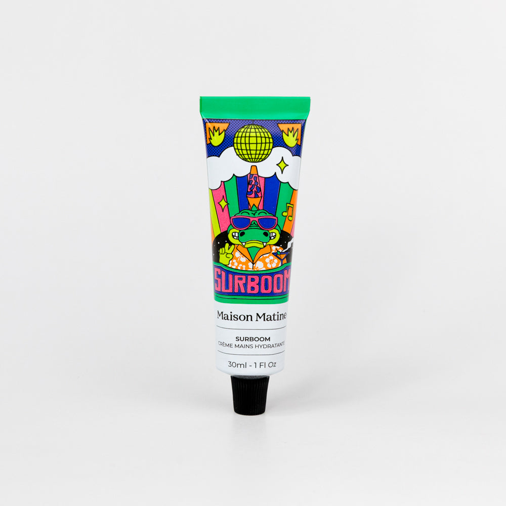 Colorful tube of Surboom hand cream on a white background