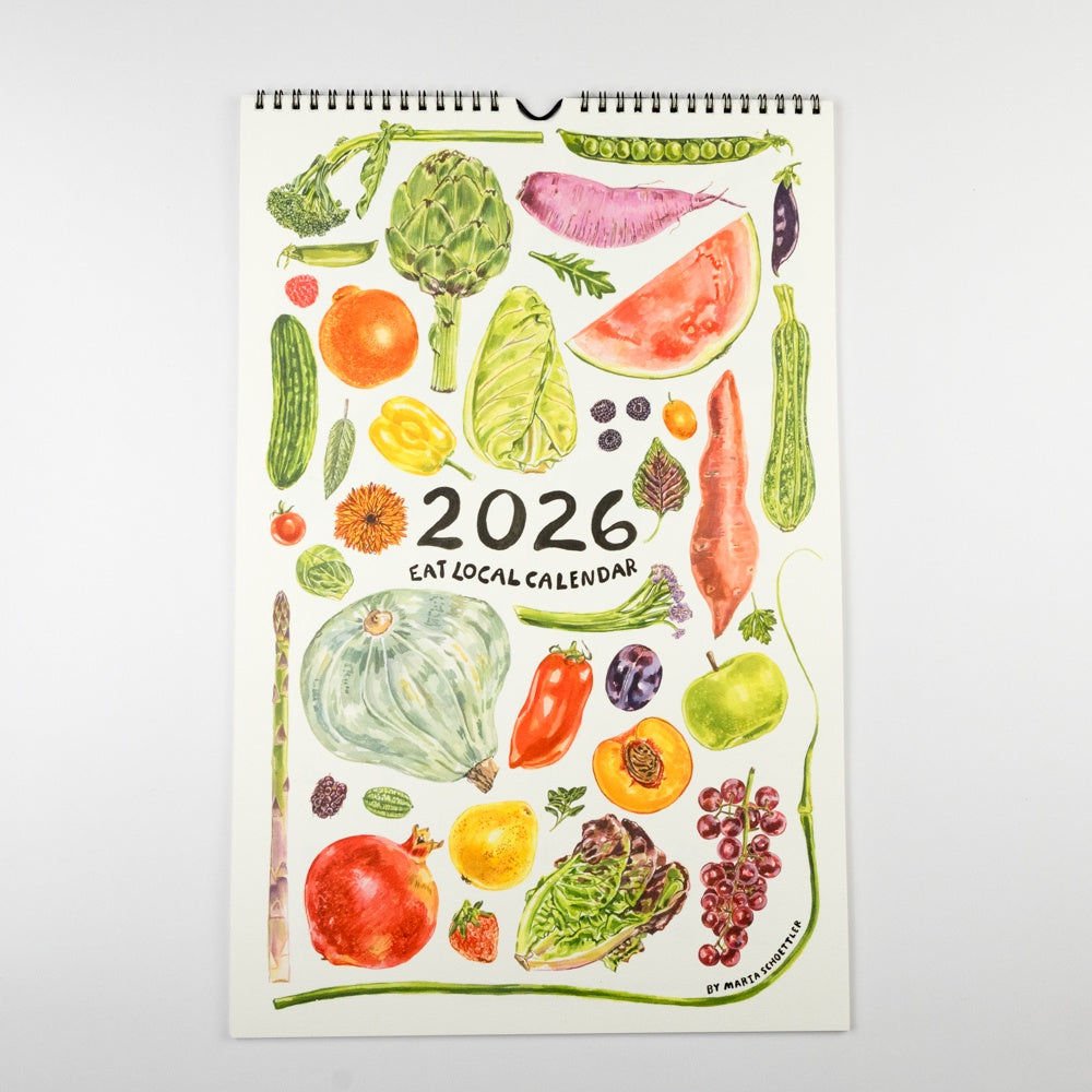 2026 calendar with illustrations of fruits and vegetables on a white background