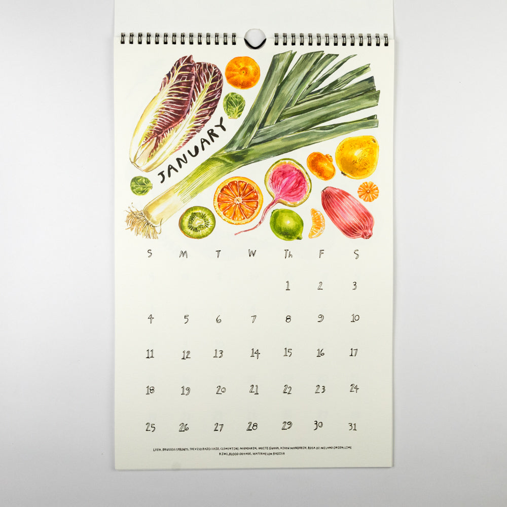 2026 calendar with illustrations of fruits and vegetables on a white background