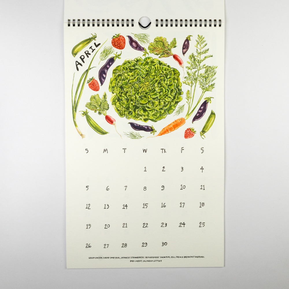 Calendar with April vegetables design on a white background