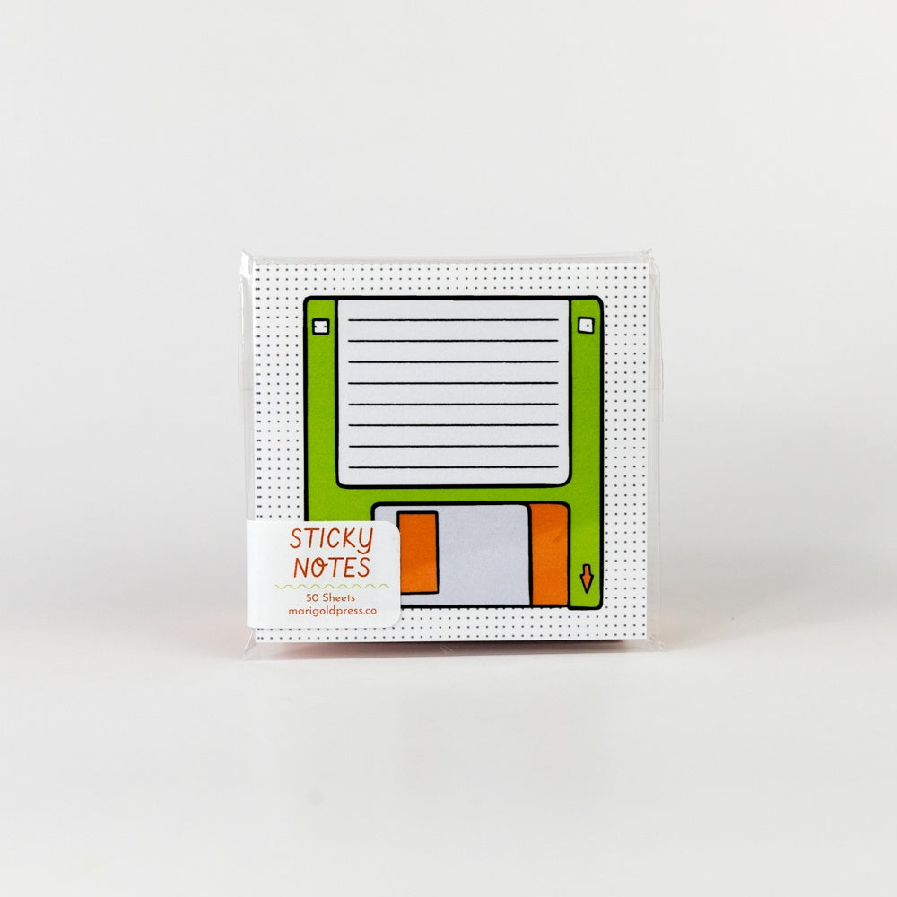 Sticky notes with a floppy disk design on a white background
