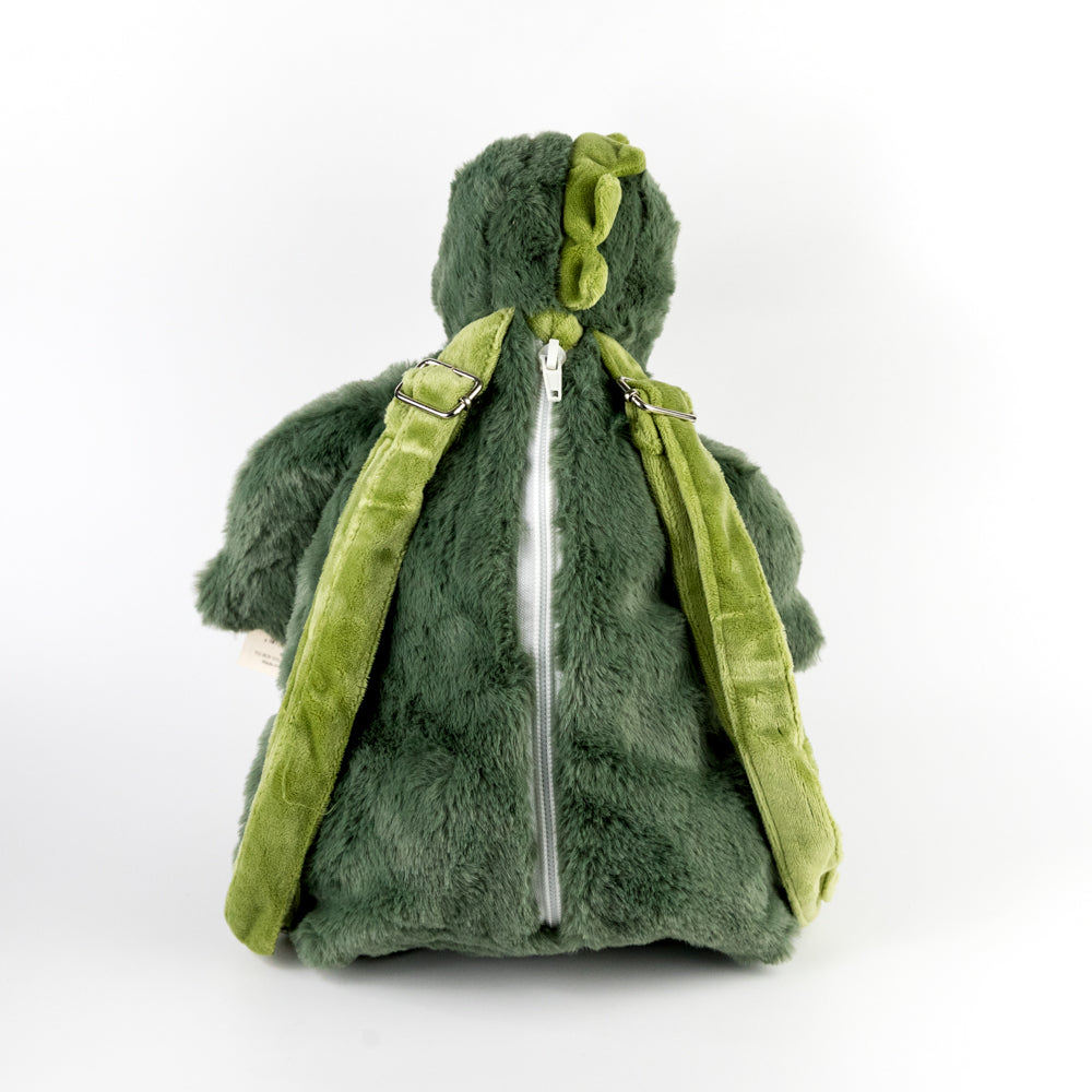 Green plush backpack with a zipper on a white background