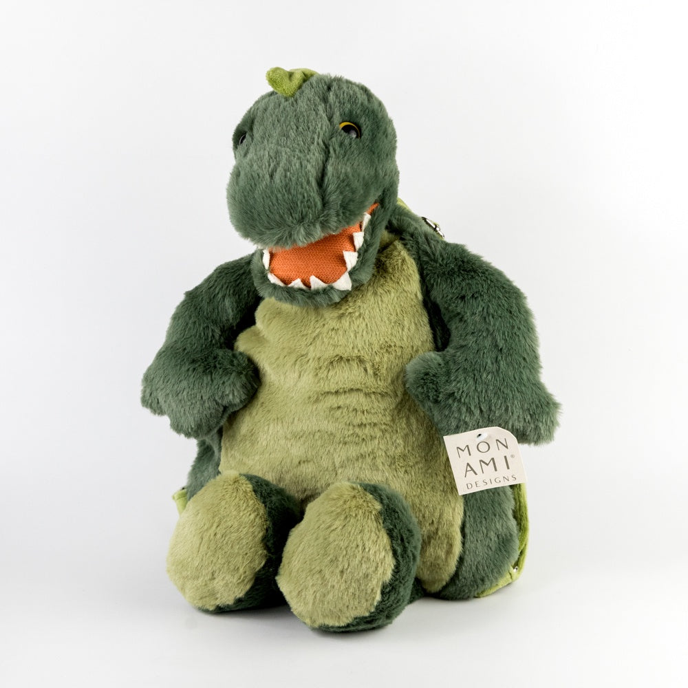Green plush dinosaur toy with a visible brand tag on a white background