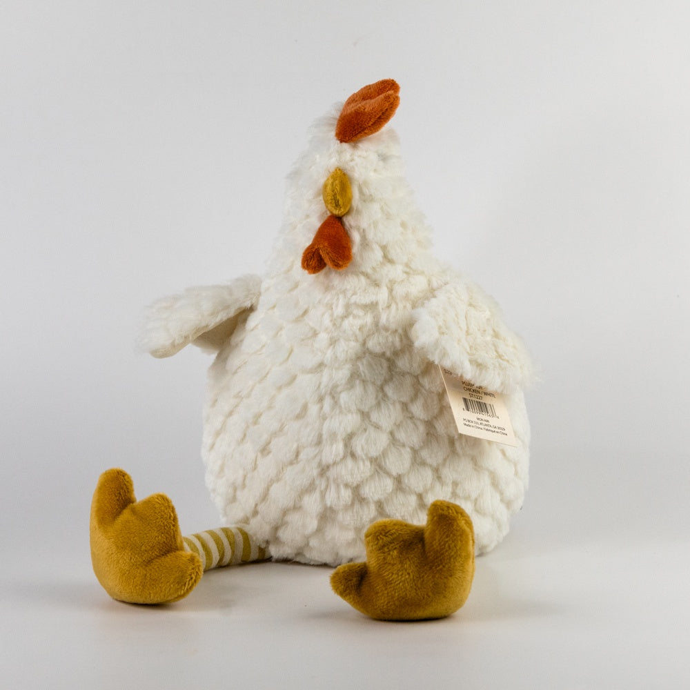 White plush chicken toy with orange beak and feet on a white background