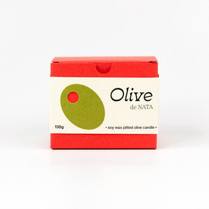 Red and white box with a green olive graphic and 'Olive de Nata' text on a white background
