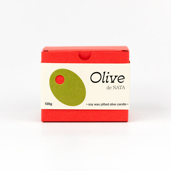 Red and white box with a green olive graphic and 'Olive de Nata' text on a white background