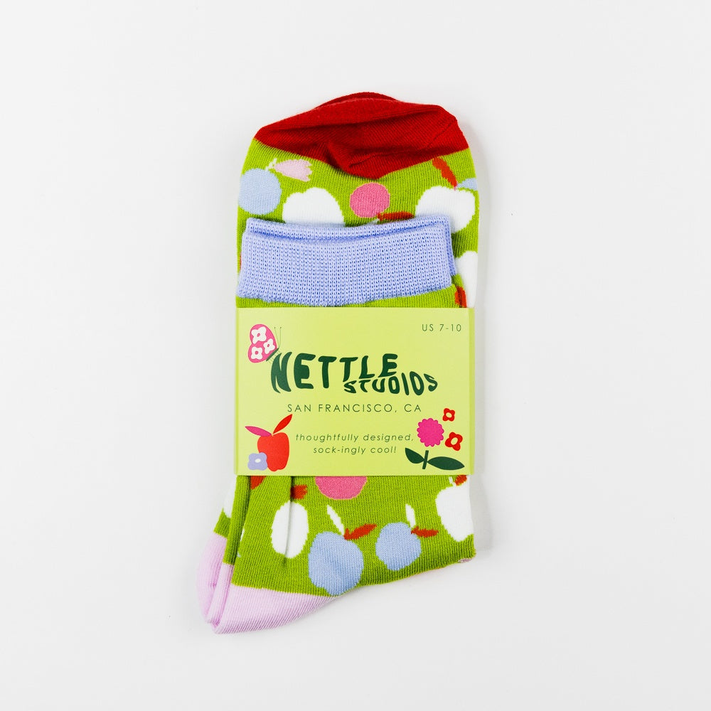 Women's Green Pink Apple Print Crew Socks