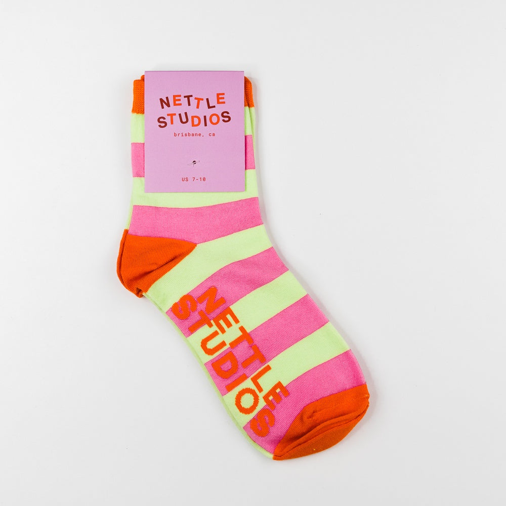 Women's Pink Yellow Striped Ankle Socks