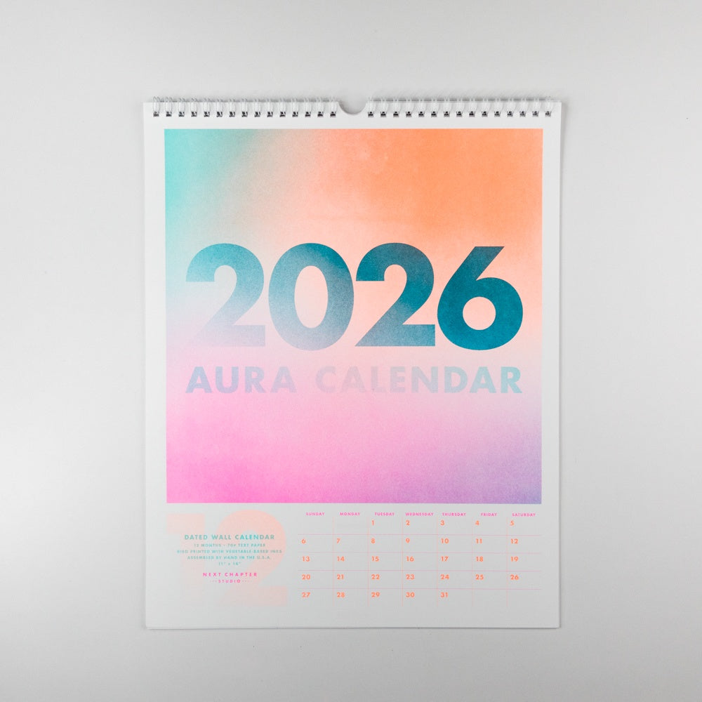 2026 Aura Calendar with a gradient design on a white background