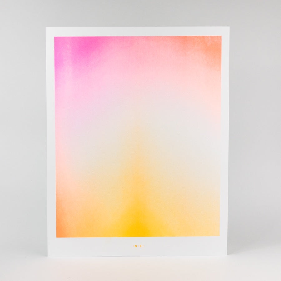 Artwork with a gradient of pink, orange, and yellow on a gray background
