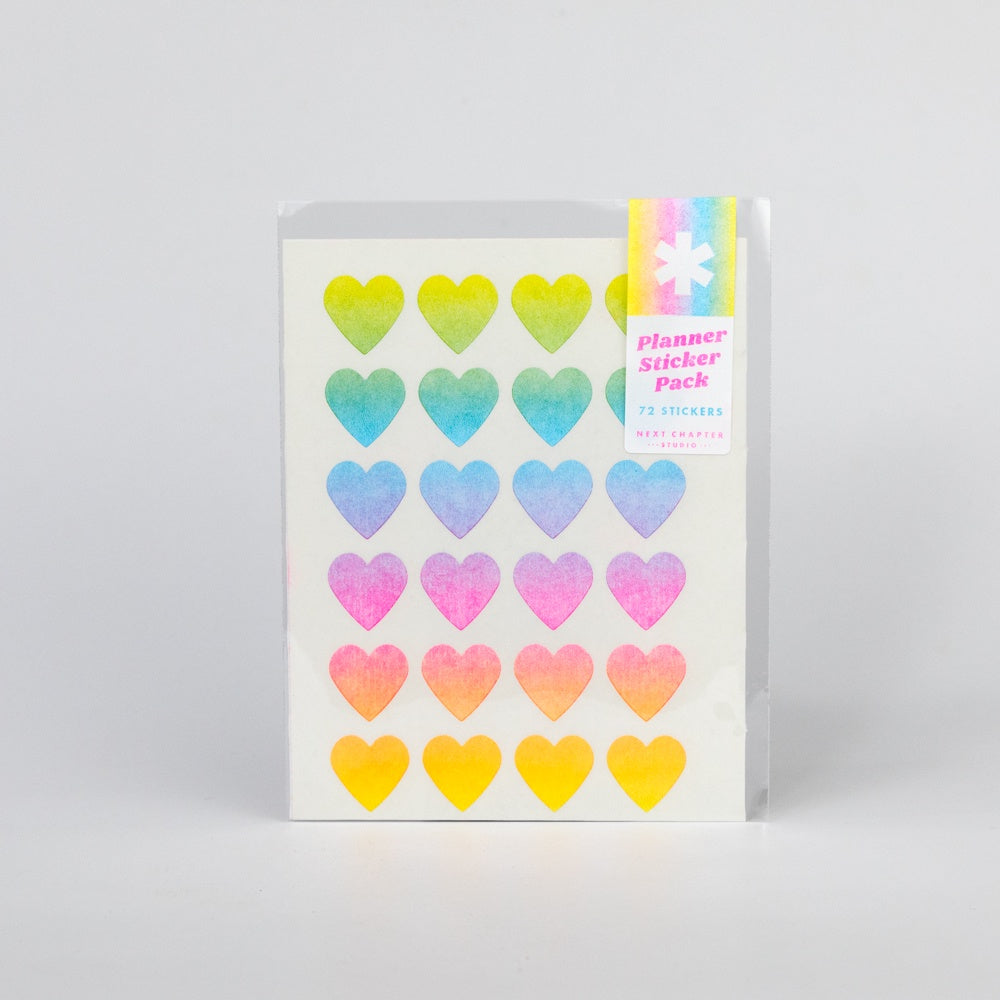 Pack of planner stickers with colorful heart designs on a white background