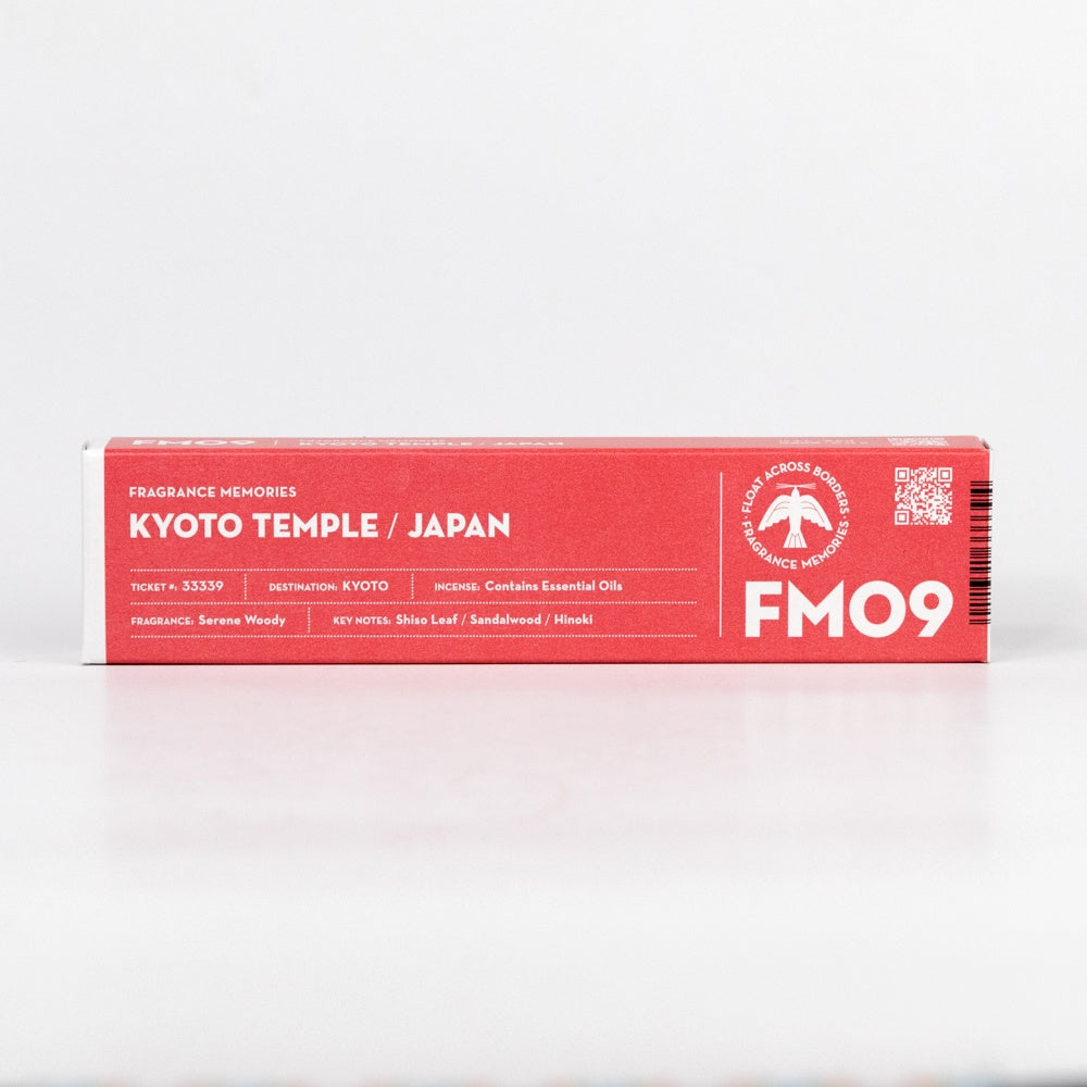Red box of FMO9 incense with 'Kyoto Temple / Japan' text on a white background