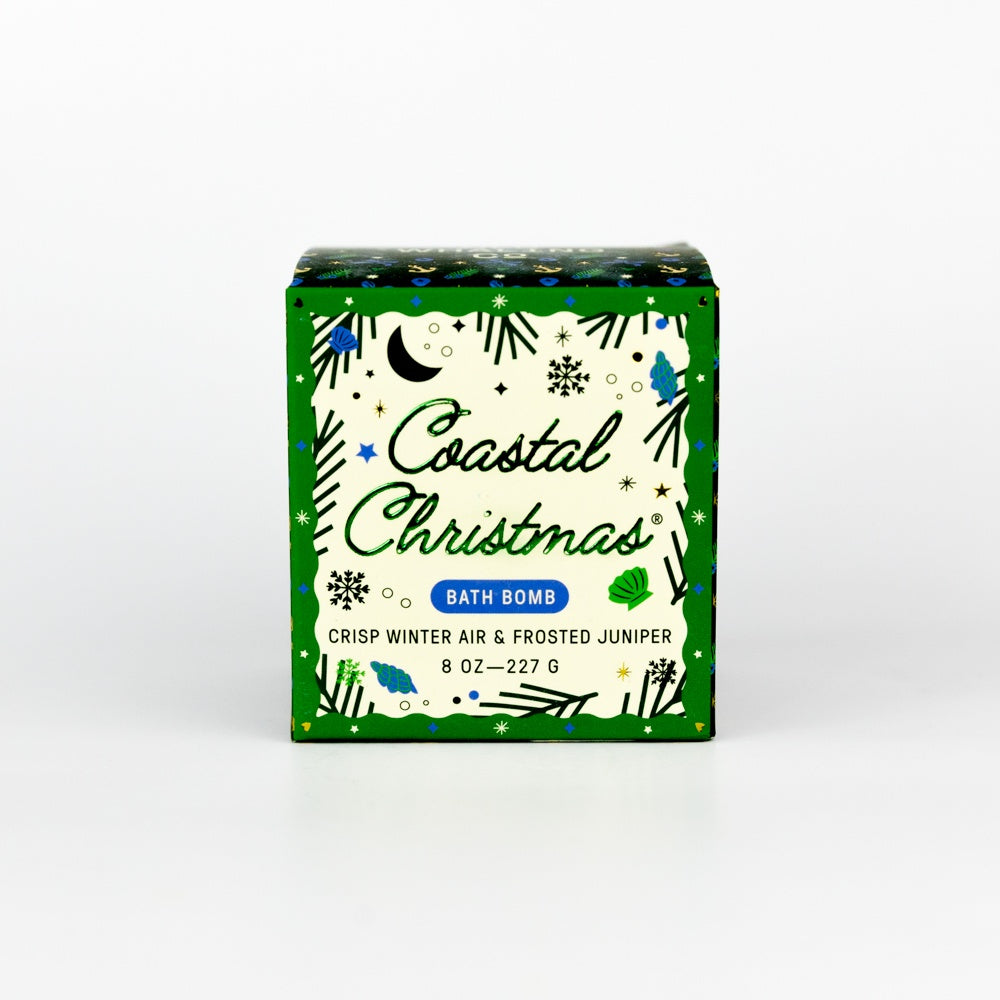 Coastal Christmas bath bomb packaging on a white background