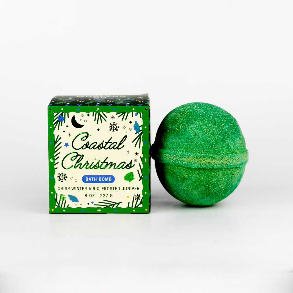 Coastal Christmas bath bomb packaging on a white background