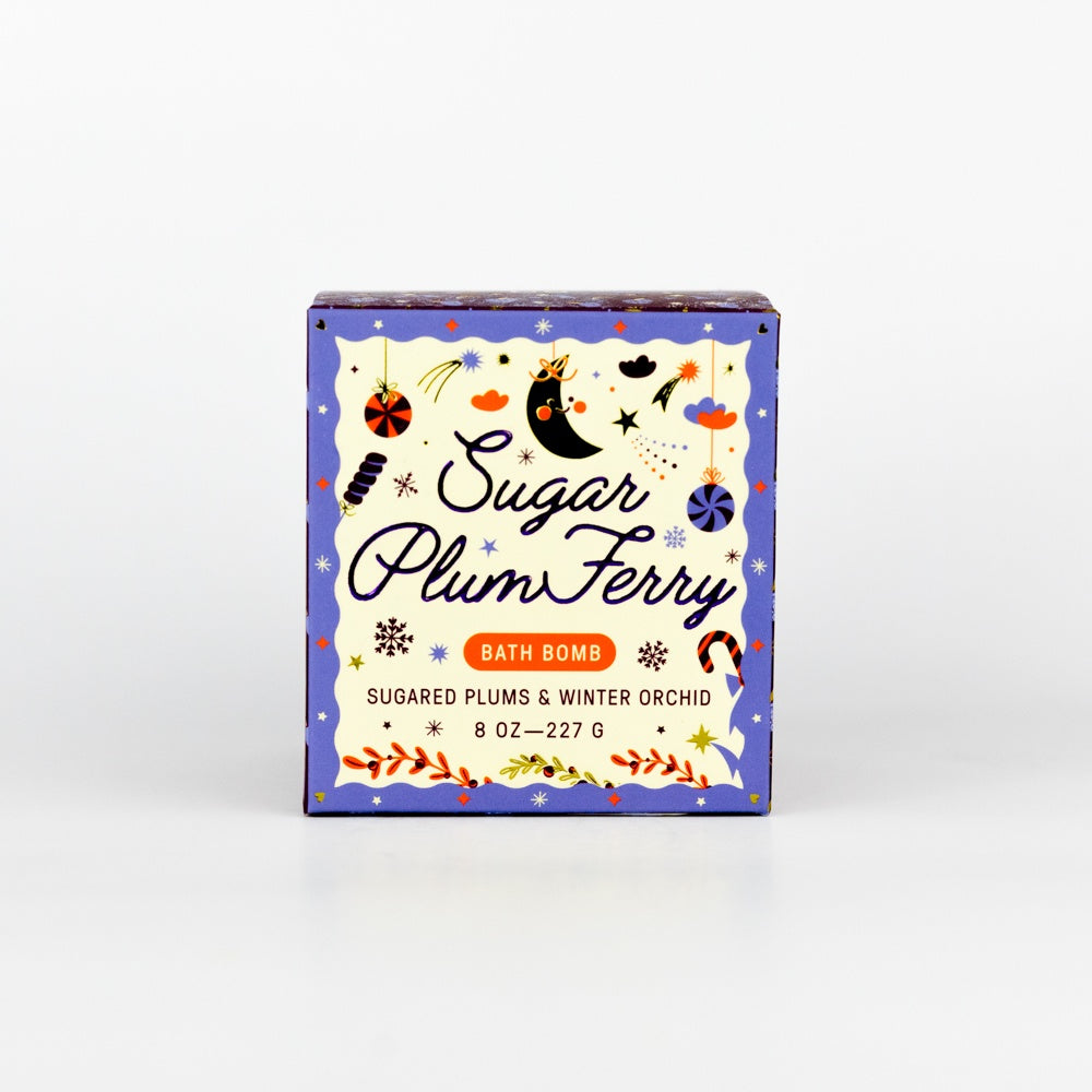 Box of Sugar Plum Ferry bath bomb on a white background