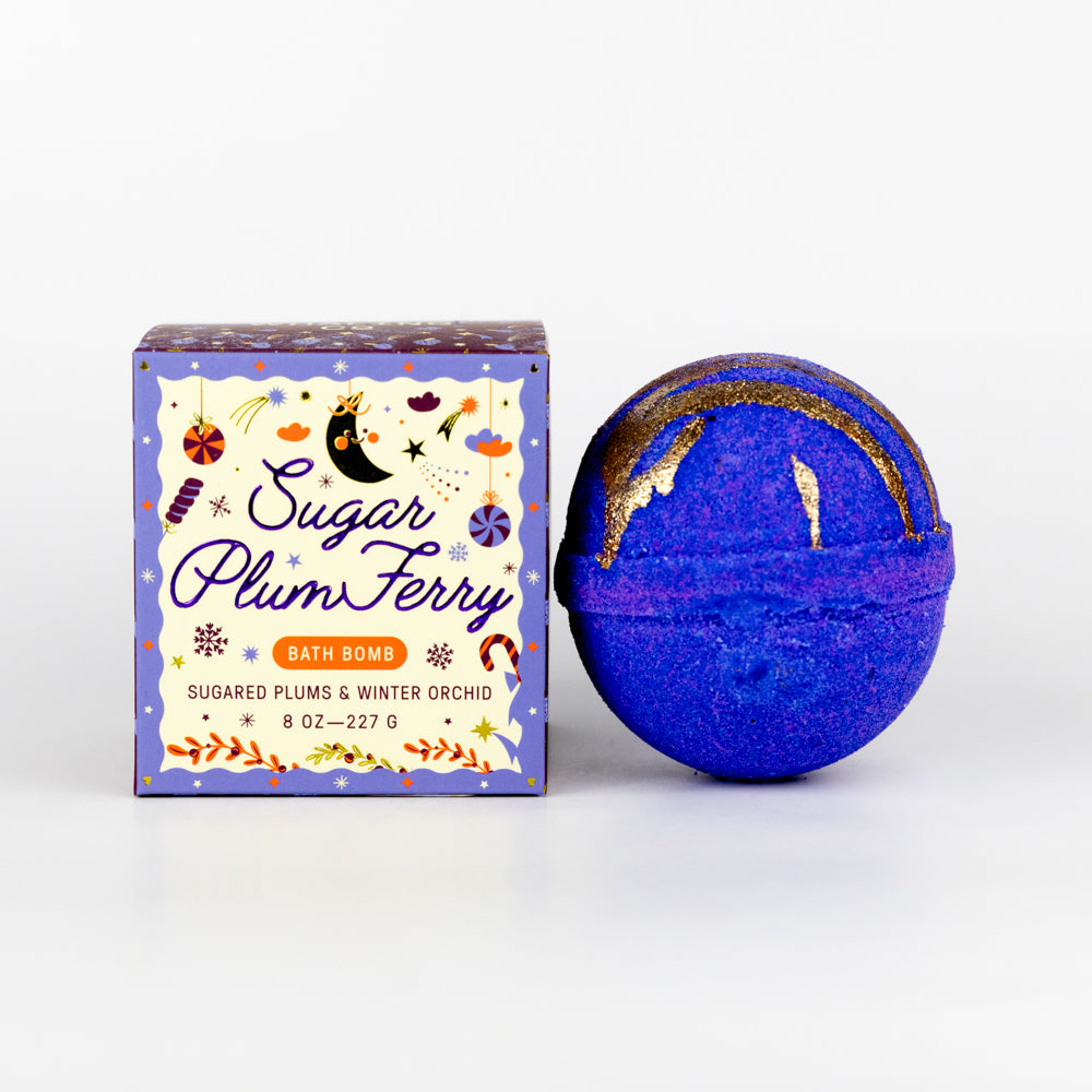 Box of Sugar Plum Ferry bath bomb on a white background